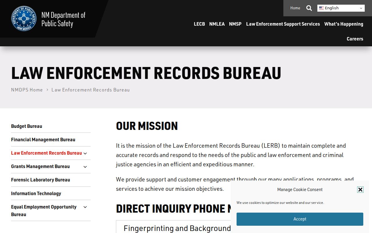 New Mexico DPS Law Enforcement Records Bureau service page