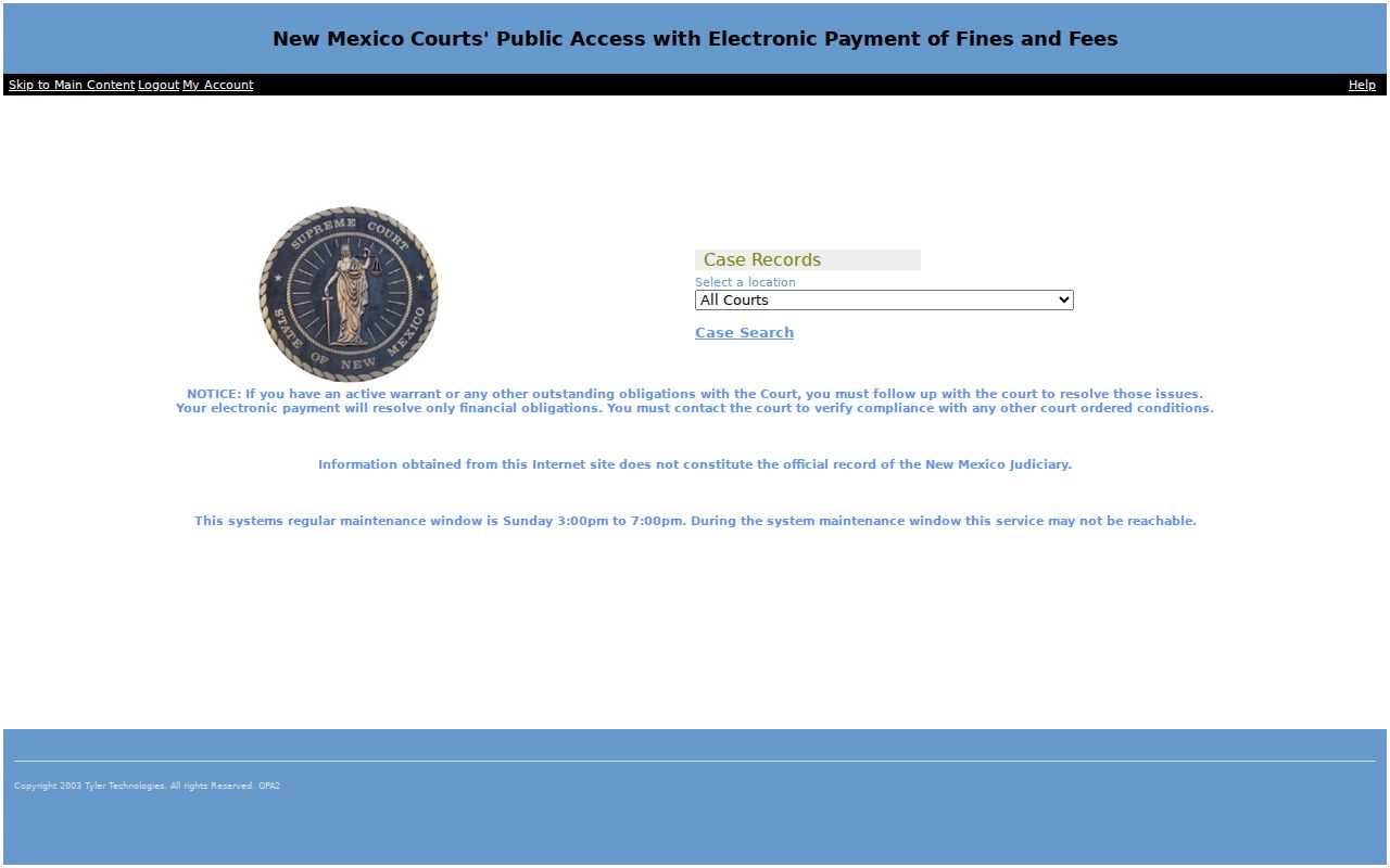 New Mexico public access screen for Union County court cases